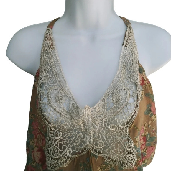 Butterfly Embroidered Halter  Top Blouse Tan Floral S - Picture 2 of 7